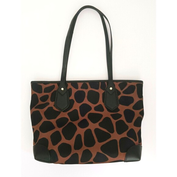 Michael Kors Eva Tote Brown Black Animal Print Nylon Blk Leather Trim - Picture 3 of 11